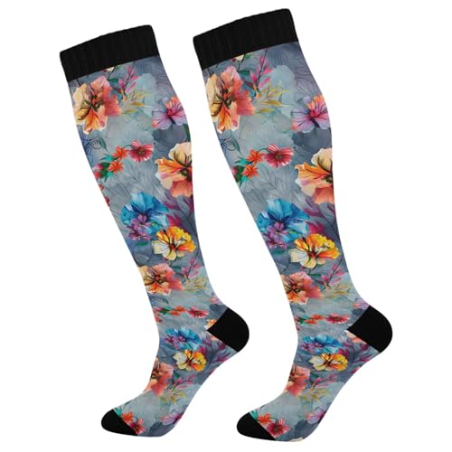 MFTJYO Bright Flowers Oil Floral Compression Socks for Women Men Circulation Long Knee High Socks for Athletic Sports Running