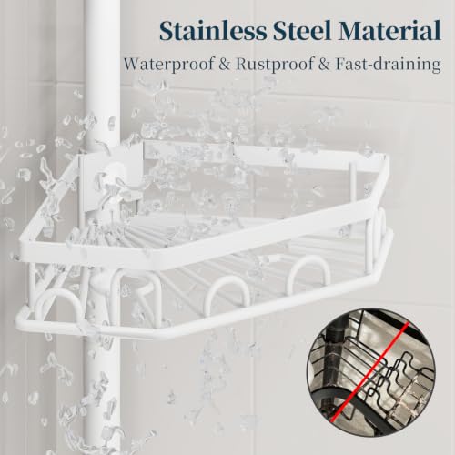 Consumest Shower Caddy Tension Pole - 4 Tier Corner Shower Shelves with Brush & Soap Holder, 304 Stainless Steel Rustproof Adjustable Organizer Rack for Bathtub, Bathroom, 27.6-108.3 Inch, White by Consumest - Used condition - Image 4