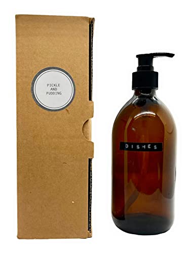 Amber Glass Pickle and Pudding 'Dishes' Washing Up Liquid (Empty) Refillable Dispenser with Black Plastic Pump 500ml