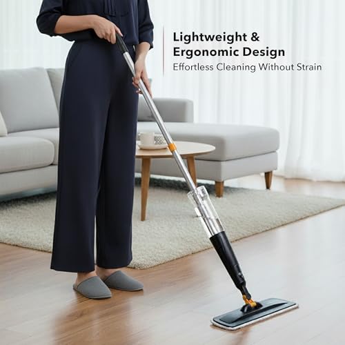 Image of OVENTE Microfiber Spray Mop with 650ml Refillable Bottle, Black CTM121BGD | Absorbent Microfiber Pad, Washable & Reusable Pad, 360 Spin Flat Wet Scrubber for Hardwood, Ceramic, Laminate & Vinyl Tiles
