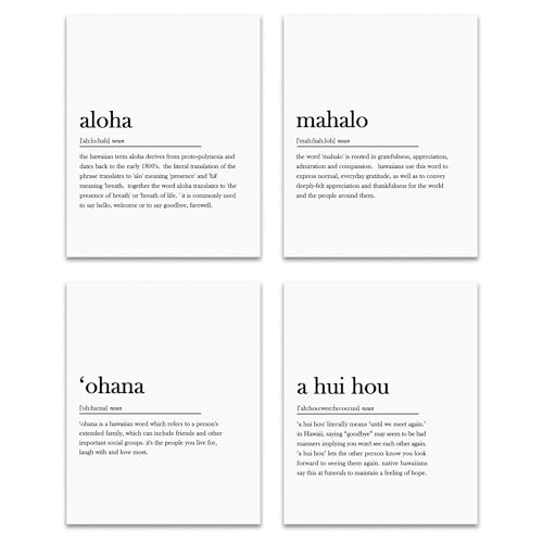 OFJE Inspirational Hawaiian Wall Wall Art Decor Prints Set of 4,Aloha, Mahalo, ʻOhana, A Hui Hou Minimalist Wall Art Posters Decor for Gratitude Family Hope, 8x10 Unframed