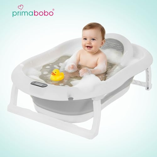 Primabobo Wanienka dla Niemowląt PREMIUM Składana z Inteligentnym Termometrem LCD i Fotelikiem, Luksusowa Wanienka 80cm z Miękką Wkładką, System Szybkiego Składania, Szara