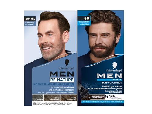 Men Perfect Coloración para barba 80 Natural, color negro y marrón, nivel 2 (30 ml) para ocultar el pelo gris y los hombres Re-Nature de color marrón oscuro a negro (145 ml), crema de repigmentación