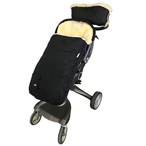 funlife Waterproof 100% Australia Lambskin Universal Stroller Footmuff,Soft Cuddle Lambskin Bunting bag Included Extra Thick Sheepskin Gloves Anti-Freeze Stroller Handmuff,Beige