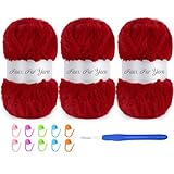 SIMEIQI 3 Skeins Faux Fur Yarn Soft Fluffy for Crocheting,Chunky Fuzzy Eyelash Yarn for Crochet Hats, Scarves, Bags, Cushions(Red)