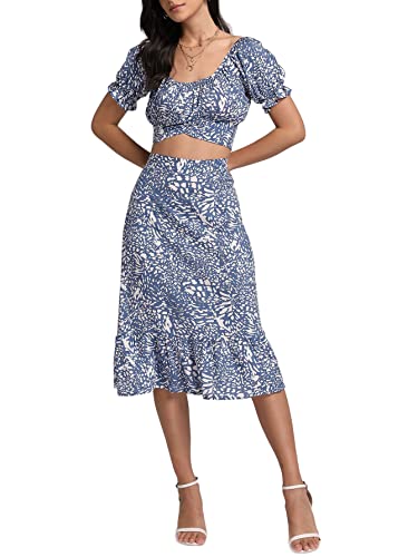 LYANER Women's 2 Piece Outfits Floral Self Tie Knot Crop Top and Midi Skirt Set3