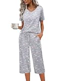 Ekouaer Womens Pajama Sets Soft Cotton Pj Short Sleeve Top with Capri Pants Sleepwear 2 Piece Print Loungewear,L