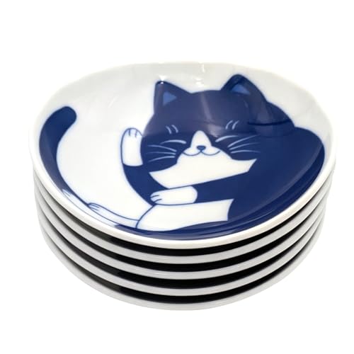 ??(Ichikyu) Mino Ware 508-03 Oval Plate, Small Plate, Soy Sauce Plate, Set of 5, Diameter Approx. 4.3 inches (11 cm), Microwave and Dishwasher Safe, Dishware, Hachiware Cat, Made in Japan