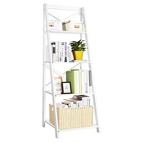 Tangkula 4-Tier Ladder Shelf Bookcase Leaning Free Standing Wooden Frame Decor Bookshelf Storage Flower Shelf Plant Display Shelf For Home Office (White, 1) #TOP4