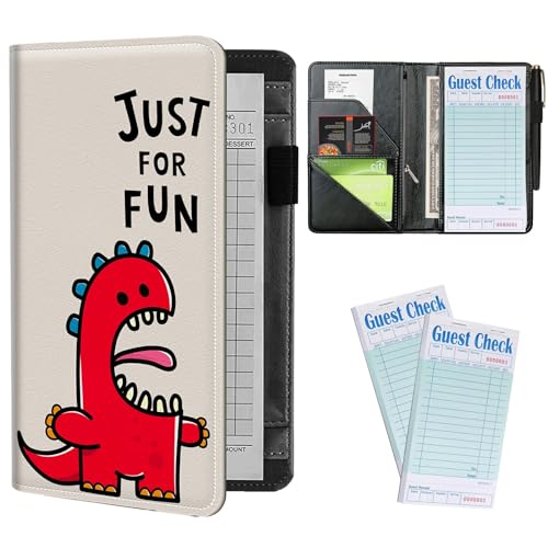 Server Books Plus 2 Pack Guest Checks Pads for Waitress Waiter, Just for Fun Dinosaur Server Booklet Waitstaff Organizer with Zipper Pocket Guest Check Presenters Server Wallet (5