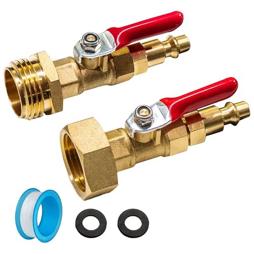 Hourleey RV Winterize Blowout Adapter with 1/4 Quick Connect Plug and 3/4 Garden Water Hose Threading Brass Winterize Quick Adapter with Ball Valve for RV Boat Camper Trailer 2 PCS