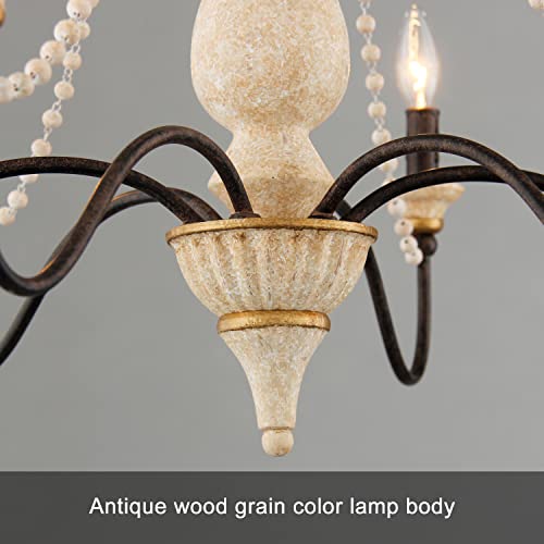 Ziralio French Country Chandelier 6-Light Farmhouse Chandelier With Wood Beads For Dining Room Living Room Bedroom,29.5In #TOP7