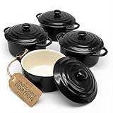 Kook Ceramic Mini Cocotte Set, Small Casserole Dishes with Lids and Handles, Individual Baking Ramekins, Oven, Microwave & Dishwasher Safe, Stoneware, 12 oz, Set of 4 (Black)