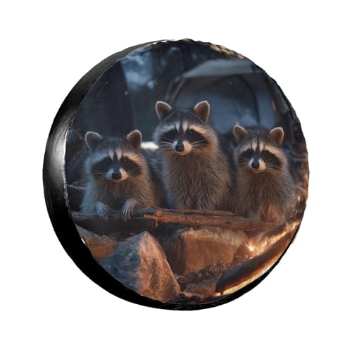 Image of Camping Raccoon Party Spare Tire Cover for Rv SUV Truck Camper Trailer,Cute Animal Tire Cover Wheel Covers Universal Fit,15 inch
