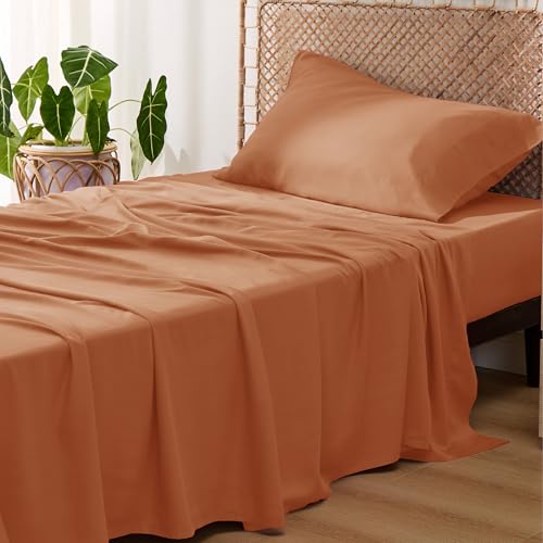 Image of Bedsure Cooling Sheets Twin XL, Rayon Derived from Bamboo, PureWoven, Breathable & Soft Twin XL Sheet Sets, Deep Pocket Up to 16 Inches, Hotel Luxury Silky Dorm Bedding for Hot Sleepers, Burnt Orange