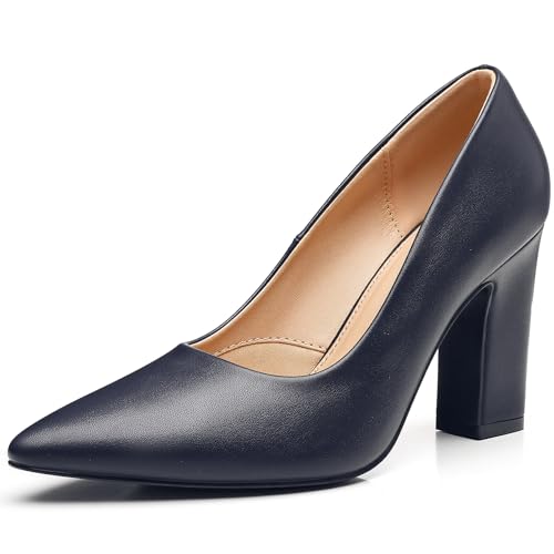 Trary Navy Blue Heels Women's Closed Pointed Toe Chunky Pumps Block High Heels Comfortable Slip On Office Party Dress Shoes 3.54