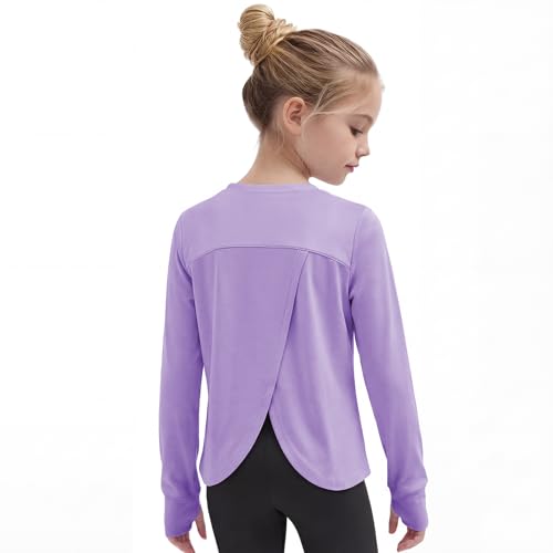 Gogokids Girls Long Sleeve Athletic Shirt, Breathable Cotton Activewear Top with Stretch, Split Back & Thumbholes, Deep Purple, 130, 7-8 Years