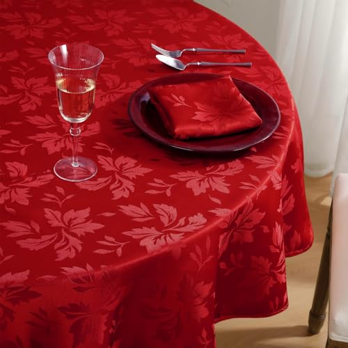 Romanstile Red Christmas Table Cloth Round 150 cm,Water-Repellent & Wipe Clean,Floral Jacquard Xmas Tablecloth for Holiday Dining,Christmas Dinner,New Year Party,Garden,Outdoor,Tea Time,Table Cover