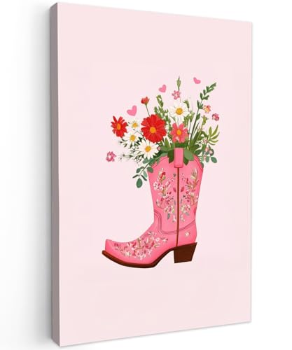 MuchoWow© Impression sur Toile Decoration Murale Peinture 20x30 cm Tableaux Decoratifs Muraux Déco Chambre Tableau Salon Bottes de cow-boy - Rose - Bouquet -...