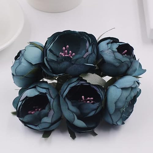 Ourona Blue Lot 6Pcs Artificial Roses Flower Heads Vintage Tea Bud Flower Bouquet Diy Wedding Bridal Wreath Corsage Marriage Fake Flowers-Lake