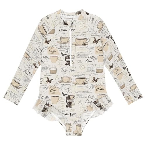 ALAZA Toddler Swimsuit Girl Bathing Suit Swimwear Rash Guard Coffee Butterfly Long Sleeve 3T