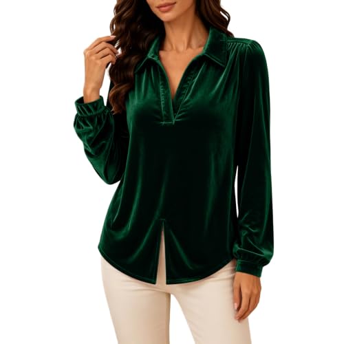 Womens Velvet Top Vintage Long Sleeve V Neck Blouses Velour Tee Sweatshirts