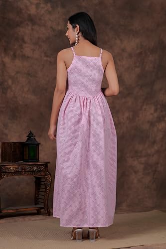 Image of Daevish Cotton Stripe Printed Flared Maxi Dress for Women | Women Flared Dress