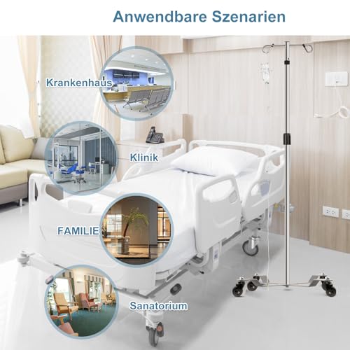 Konmee Medizinische Infusionsständer Schwerlast Basis 2 Haken 4 Räder, 304 Material aus Edelstahl,Höhe einstellbar
