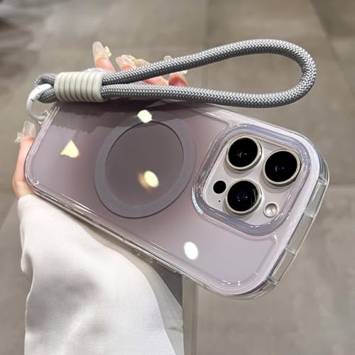 Coque iPhone 17 antichoc grise avec dragonne dégradée et cordon magnétique