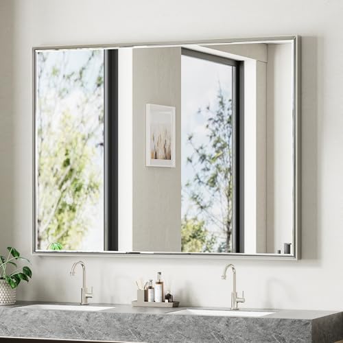 QueenFun 48'' x 36'' Brushed Nickel Framed Beveled Bathroom Mirror, Shatterproof Rectangle Brushed Nickel Frame Mirror, Anti-Rust Vertical/Horizontal Wall-Mounted Mirrors