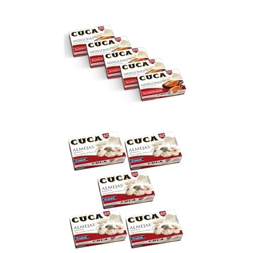 Cuca pack de aperitivo. Incluye 5 latas de mejillones en escabeche tamaño 12/16 y 5 latas de almejas al natural tamaño grande 16/22.
