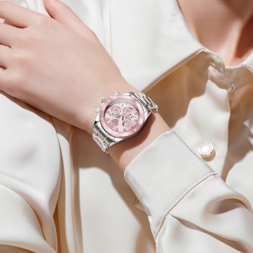 Image of OLEVS Women Dress Watch, Two Tone Diamond Quartz Wrist Watch, Stainless Steel Waterproof Luminous Day Date Ladies Chronograph Gift Watch