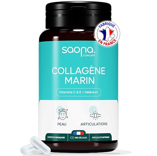 COLLAGENE MARIN - Vitamine C, E & Sélénium | Peau - Articulations - Cheveux - Ongles - Antioxydant - Anti-âge | Collagène Marin de type 1 Naturel | 1000 mg/j - 120 gélules - Fabriqué en France