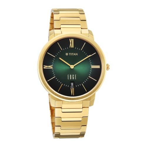 Image of EDGE Meister with Quartz Analog 2 Hands + Date Display Green Dial Solid Link Gold Plated Stainless Steel 316L Strap Watch for Men - 10065YM01