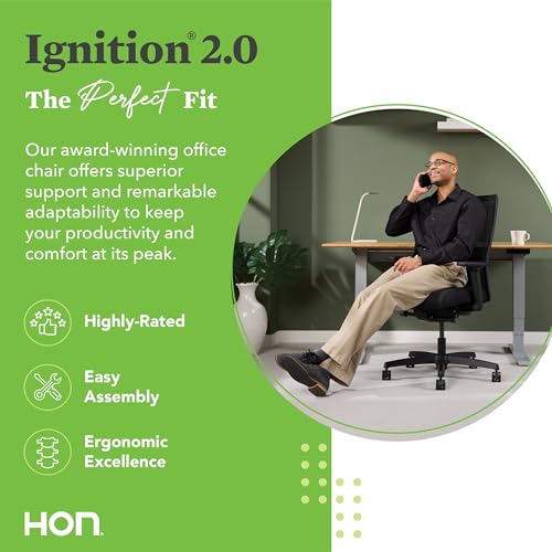 Image of Bundle of HON Ignition 2.0 Ergonomic Office Chair - Adjustable Tilt, Swivel Wheels, Comfortable for Long Hours + Carpet Chair Mat (36 inch x 48 inch)