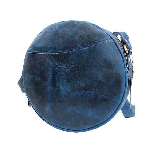 Image of Hudson & James Designer Genuine Leather Women Ladies Circle Travel Satchel Everyday Crossover Cross body Shoulder Handbag Bag (Distressed Blue)