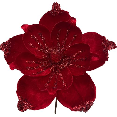 GL-Turelifes 6 flores de Navidad artificiales con purpurina de 10 pulgadas más grandes, flores de magnolia de terciopelo, plegables, decoración de árbol de Navidad, Año Nuevo, fiesta, festival, boda