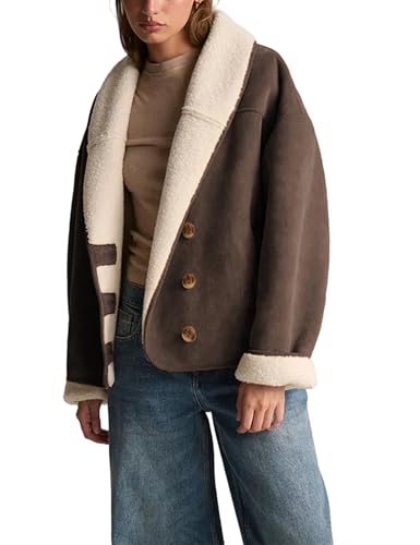 Yeokou Women Suede Jacket Sherpa Lined Casual Button Down Coat Baggy Lapel Warm Winter Outwear with Pockets(Coffee-M)