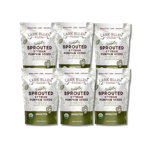 Lark Ellen Farm Sprouted Specialty Gourmet Premium Organic Styrian Pumpkin Seeds from Austria, Large Gourmet Unsalted Raw Pumpkin Seeds Organic, Pepitas, Vegan, Non GMO, Gluten Free, Paleo, and Keto Friendly (14 oz, 6 Pack)