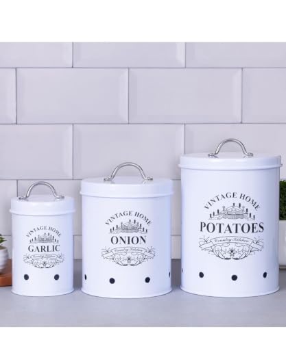 Image of Galvanized Metal Vegetable Storage Container Set of 3 for Potato, Onion & Garlic | Ventilated Kitchen Pantry Organizer with Lids | Rust-Resistant Food Storage Bins | WHITE