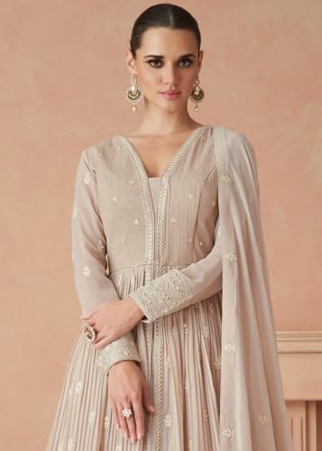 Image of Miss Ethnik Women's Peach Faux Georgette Stitched Top, Bottom and Dupatta Full Sleeve Embroidered Anarkali Gown (ME-1144)