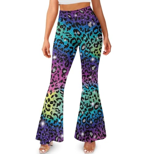 Buybai Rianbow Leopard Print Flare Leggings for Women Slit Hem Bootcut Cheetah Print Yoga Pants High Waisted Workout Bootleg Work Pants Dress Pants for Gym