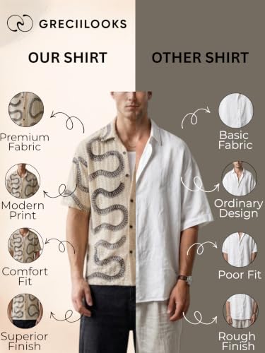Image of GRECIILOOKS Men`s Shirt | Mens Casual Crochet Knitted | Half Sleeve Printed Crochet with Cuban Collar Shirt`s | Relaxed fit Textured & Stylish Premium Mens Shirt