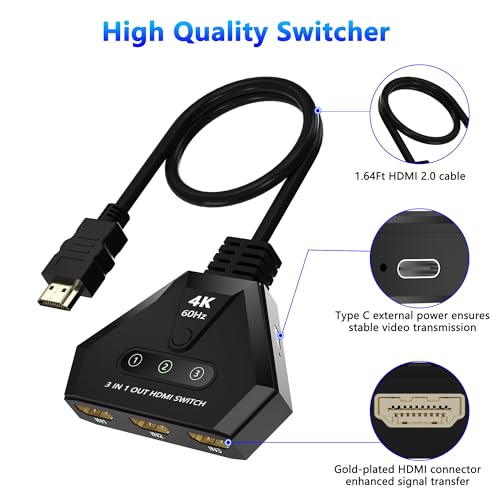 HDMI Switch 3 in 1 Out, 4K@60Hz HDMI Switcher with Gold Plated Ports, Plug & Play, Supports Full HD 1080P 3D Compatible with Roku TV Stick HDTV PS4/PS5 Xbox, Ideal for Gaming, Home Theater, Streaming by AUKOKIOULA - Used condition - Image 6