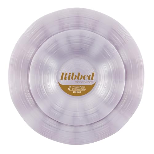 PLASTICPRO 24 Piece Combo Plastic Dinner Plates Disposable Plastic Fancy Heavy Duty Party Dishes 7 inch and 10 inch, Pearl Lavender/Purple Ribbed