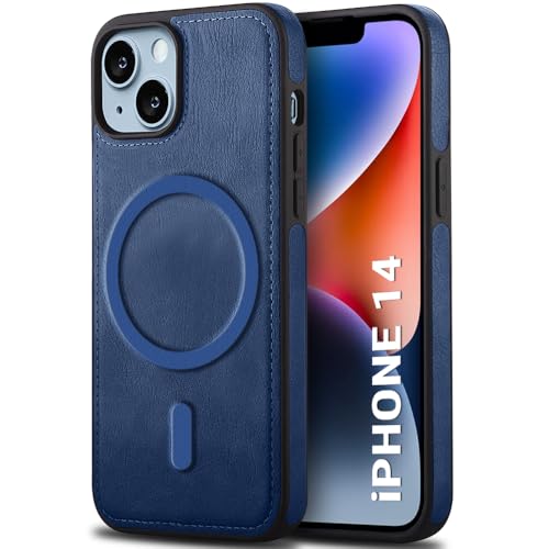 Image of TheGiftKart Genuine Leather Finish Back Cover Case for iPhone 14 | Shockproof Design | Raised Edges for Camera & Screen Protection | Stunning Minimalist Design Case Cover (MagSafe Compatible, Blue)
