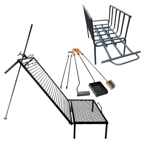 Premium Argentine Grill - BBQ Parrilla Asador- Grill with built-in stake + Brazier + kit fire tools. (32 x 20 inches)