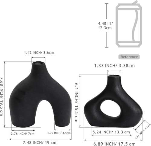 Image of PUREZENTO Abstract Black Ceramic Donut Vase 5.4 & 7.7 Inch - Set of 2 | Decorative Unique Modern Vase for Dried Flowers & Pampas Grass | Vases for Modern Home Decor, Living Room, Office Decor Ideas