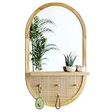 YXDXF Entryway Mirror with Hooks, 30x18 Inch Boho Wall Mirror with Removable Shelf, Oval Solid Wood Framed, Handmade Rattan Wall Mirror for Over Sink, Bathroom, Bedroom, Living Room, Hallway, Vanity