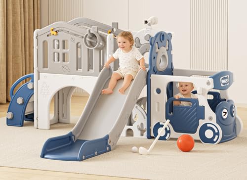 Image of XJD 10 in 1 Toddler Slide, Kids Slide for Toddlers 1-3, Toddler Play Climber Slide Playset with Basketball Hoop and Ball,Toddlers Outdoor Indoor Playground (Blue, Large)